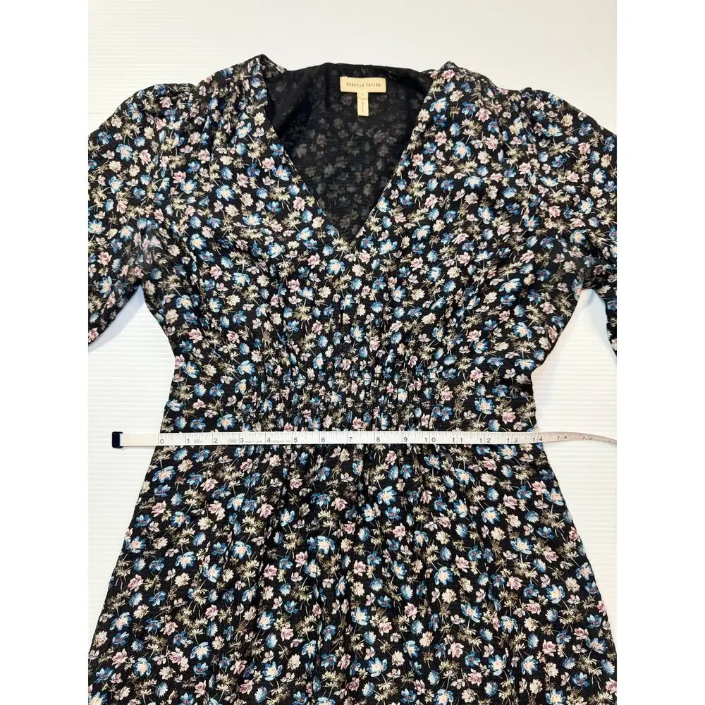 Rebecca Taylor Zelma Floral Silk Midi Dress Women’s 4 Black Cottagecore Prarie - Picture 8 of 16